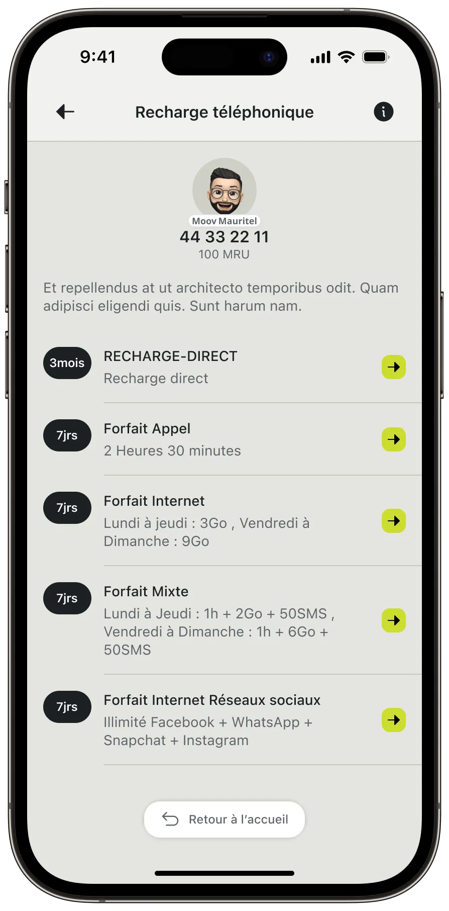 Capture d'écran de l'écran de recharge de l'application Maurinet