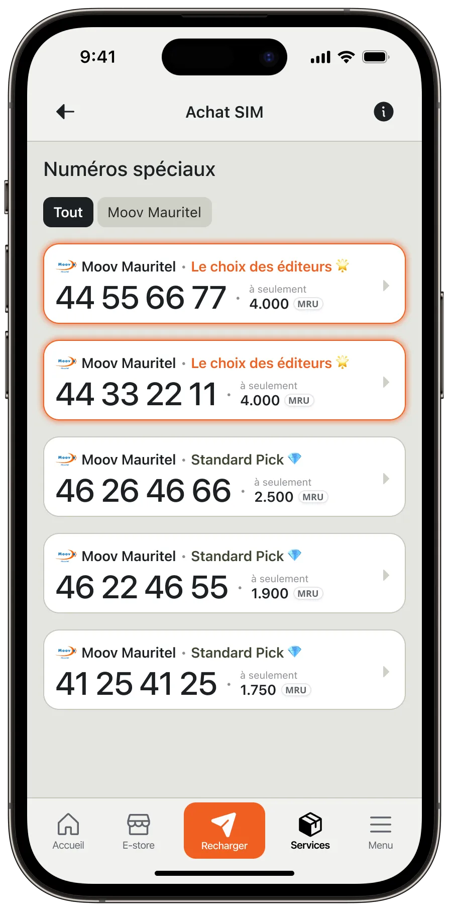 Capture d'écran de l'application Achat de carte SIM Maurinet